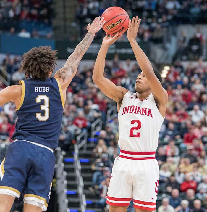 Indiana freshman Armaan Franklin (2) hits one of his four three-pointers against Notre Dame in December at Bankers Life Fieldhouse in Indianapolis.